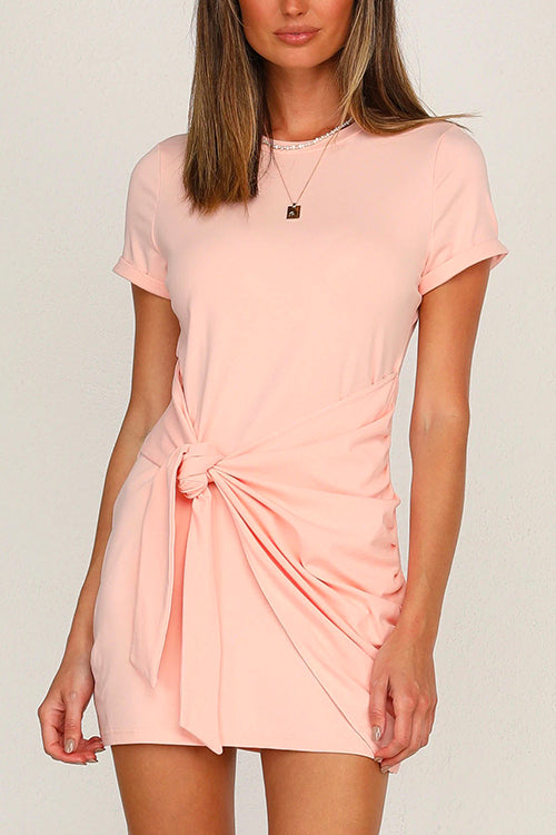 Short Sleeve Knot Waist Solid T-shirt Dress